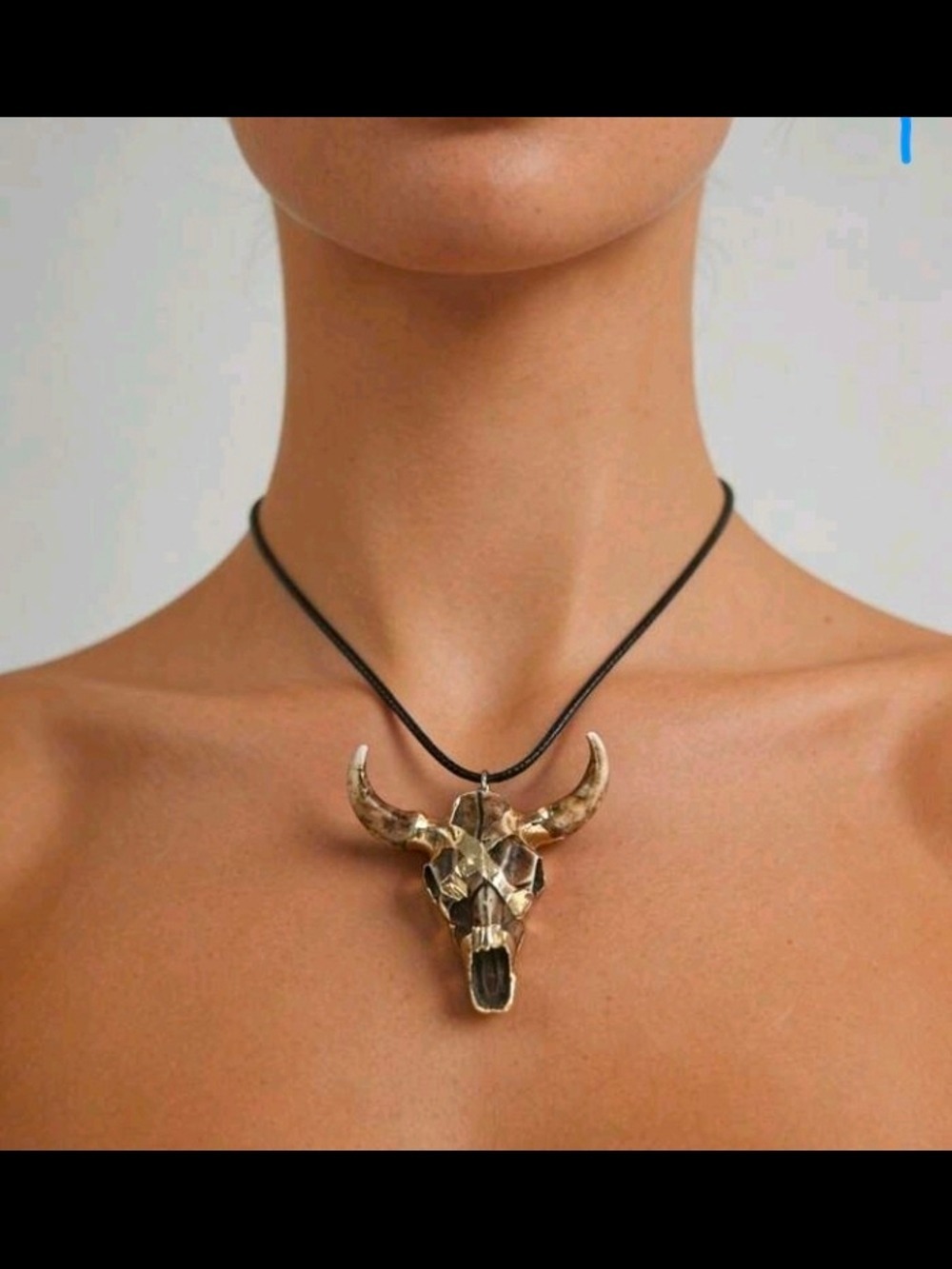 Gold Bull Skull Pendant Necklace Black Cord - Picture 4 of 5